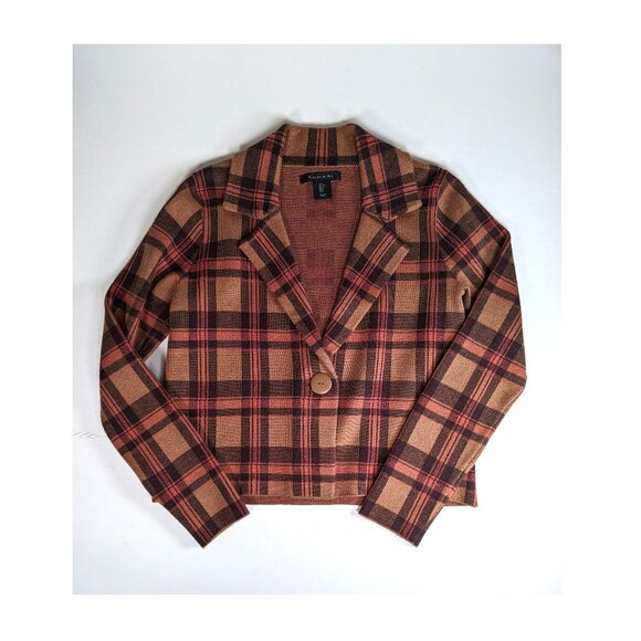 TAHARI Burnt Orange Plaid Semi Crop Cropped Sweater Blazer Jacket Wm Sz S NWOT - Picture 5 of 8